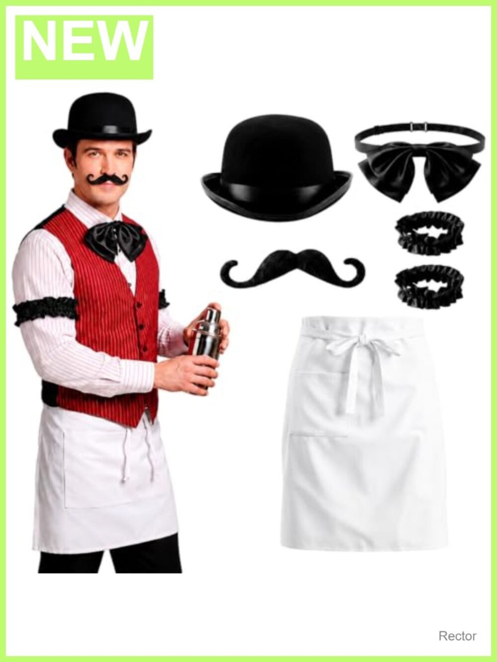 6 Pc Old West Bartender Costume Set Men Hat Beard Bow Tie Apron
